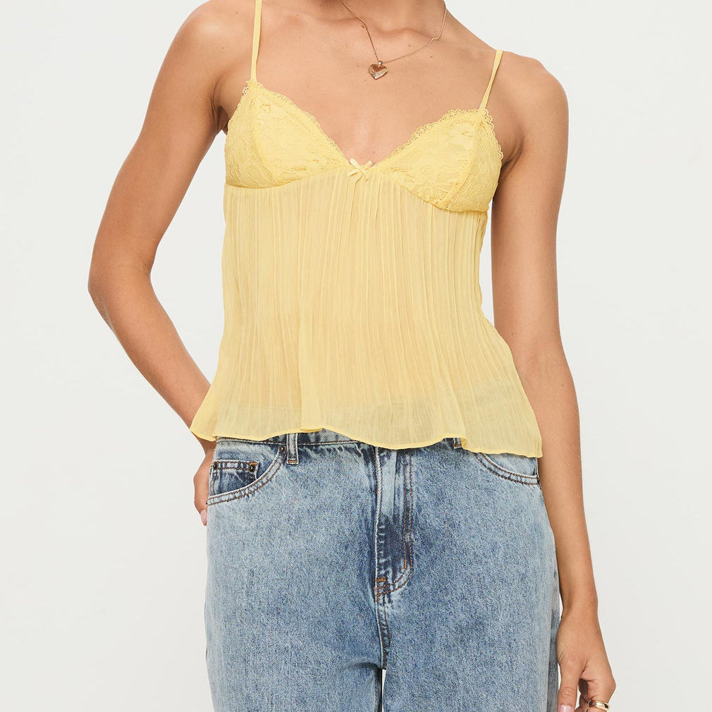 Pleated Lace Cami | Sheer Lace Trim Top