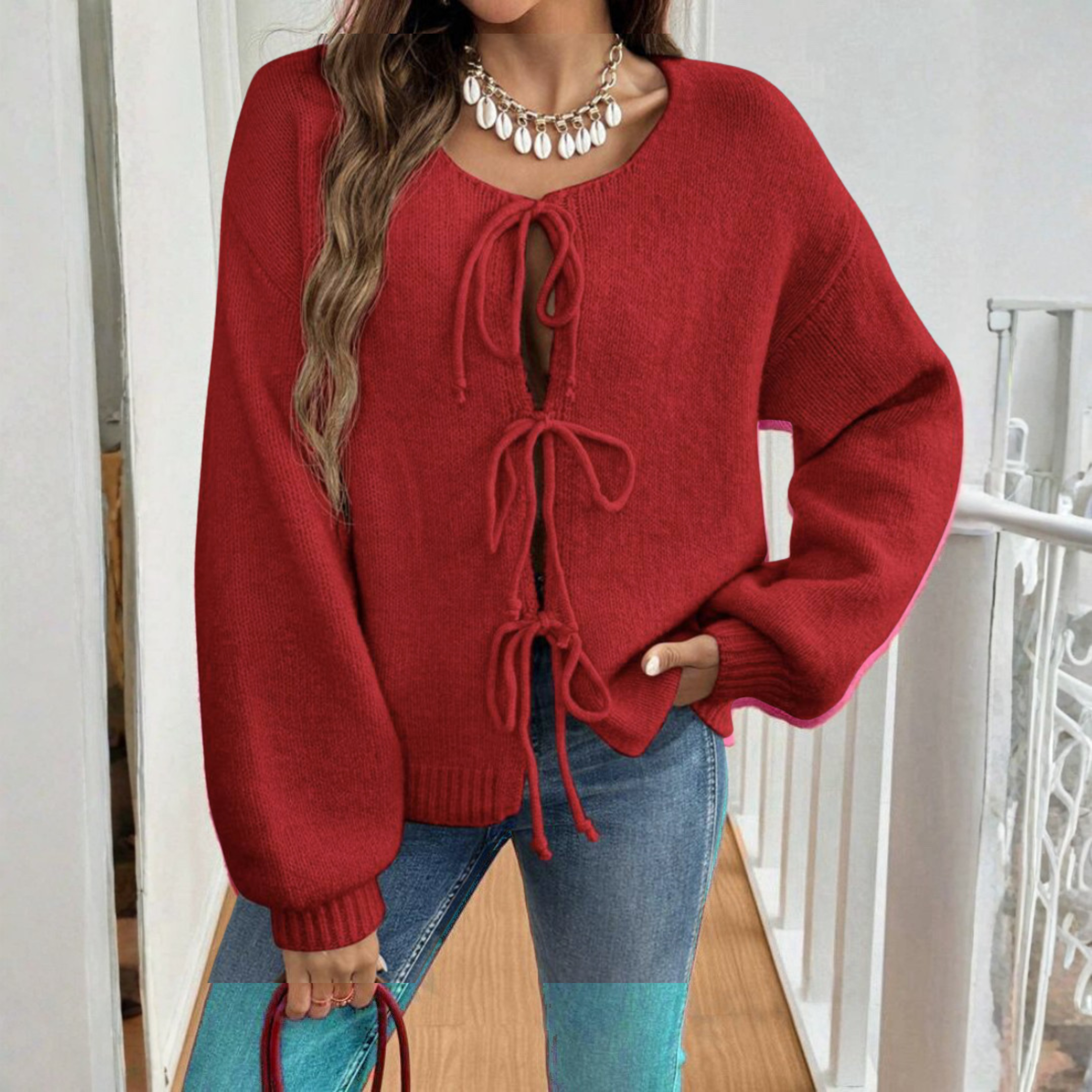 Elegant Tie-Front Cardigan with Long Sleeves and Round Neck