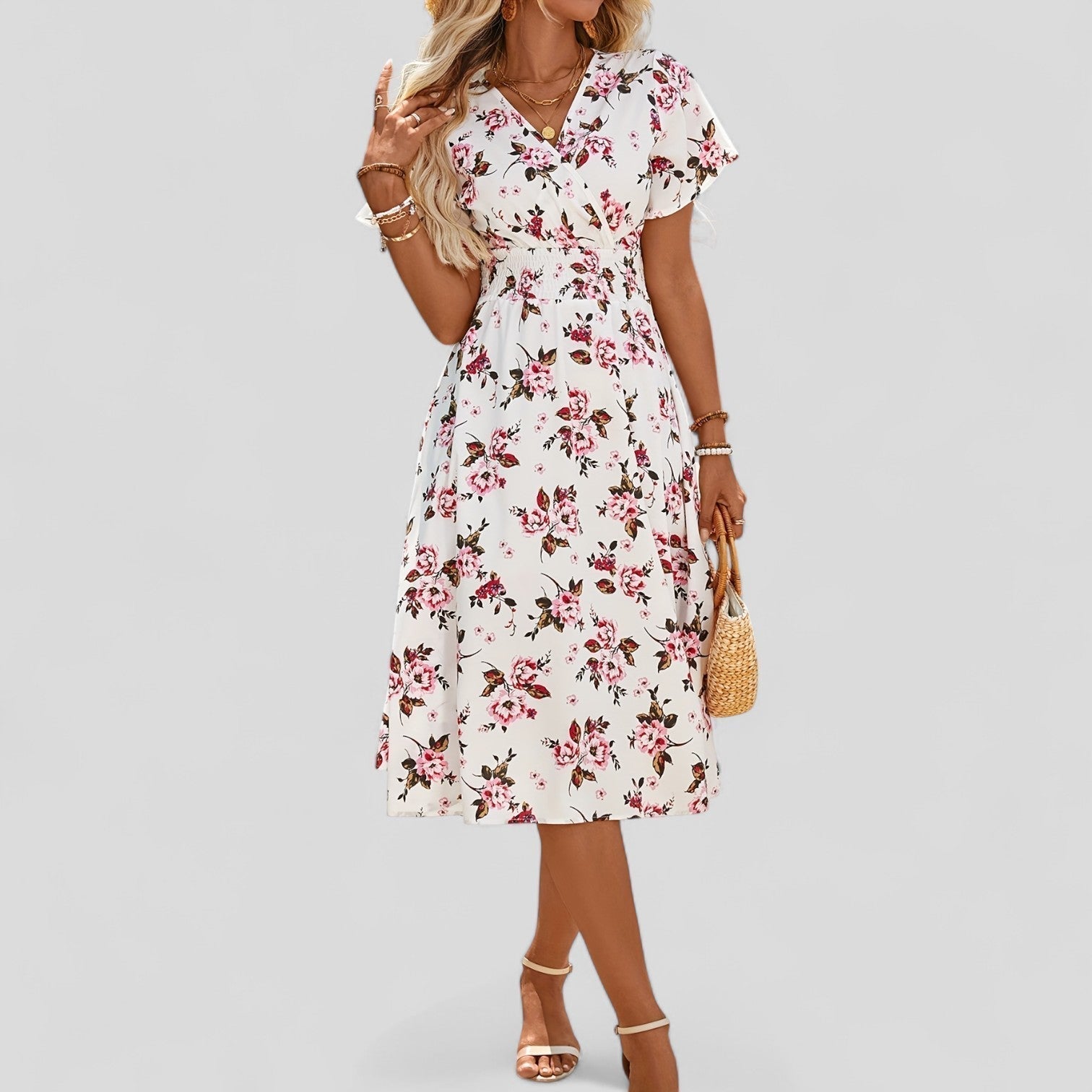 V-Neck Short Sleeve Midi Dress – Flattering Silhouette & All-Day Comfort