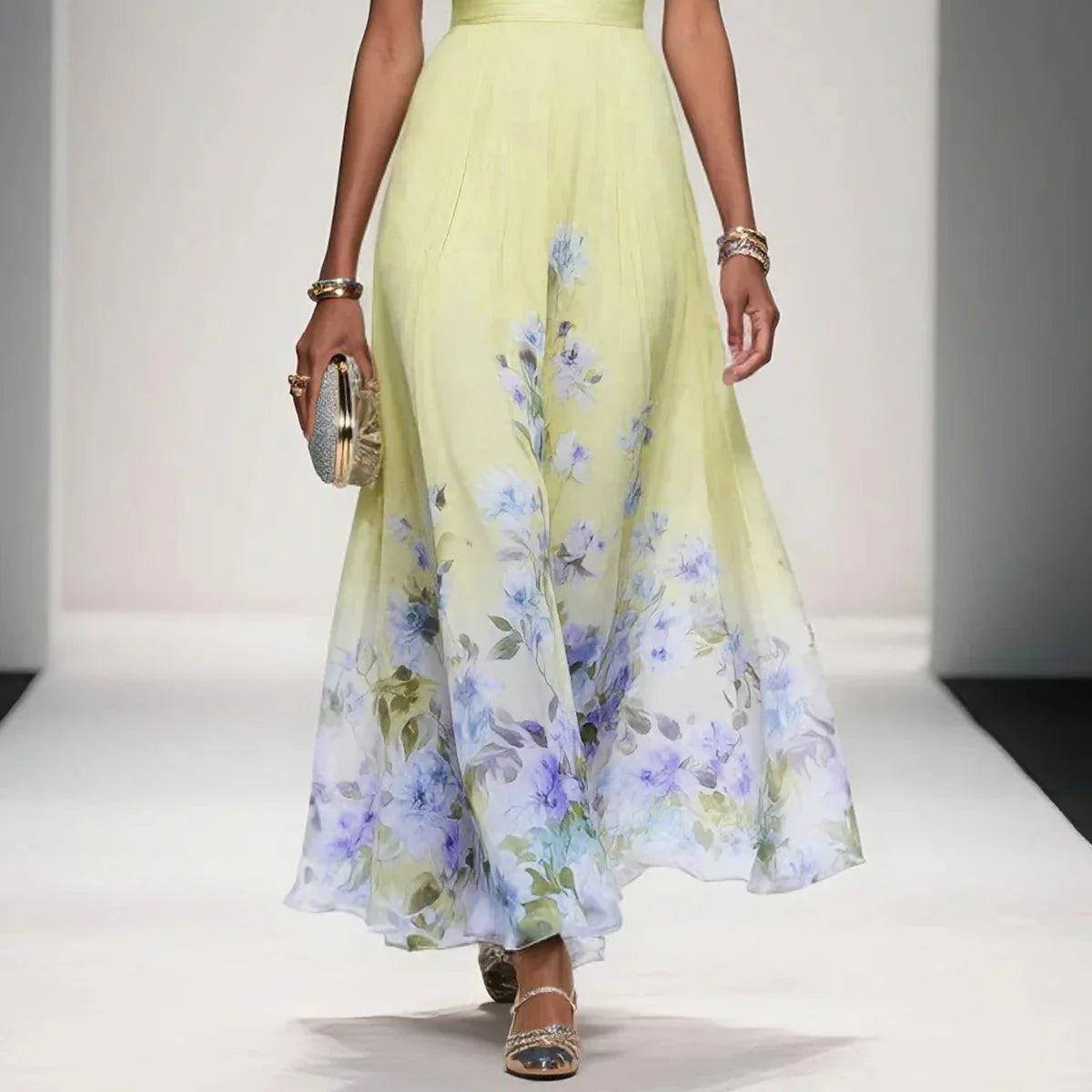 Elegant Light Blue Floral Chiffon V-Neck Sleeveless A-Line Long Dress