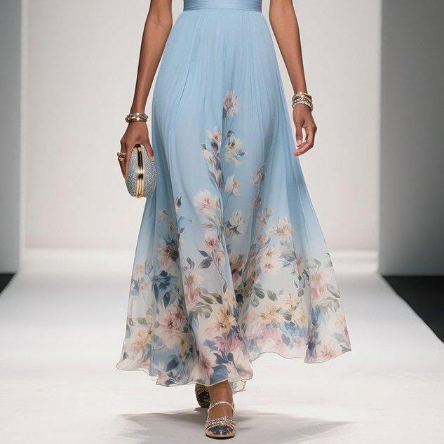 Elegant Light Blue Floral Chiffon V-Neck Sleeveless A-Line Maxi Dress