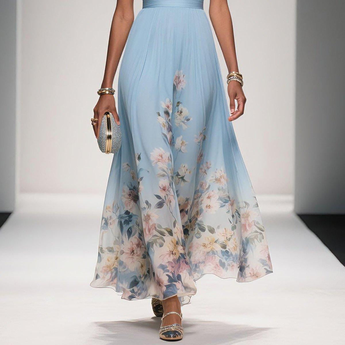 Elegant Light Blue Floral Chiffon V-Neck Sleeveless A-Line Long Dress