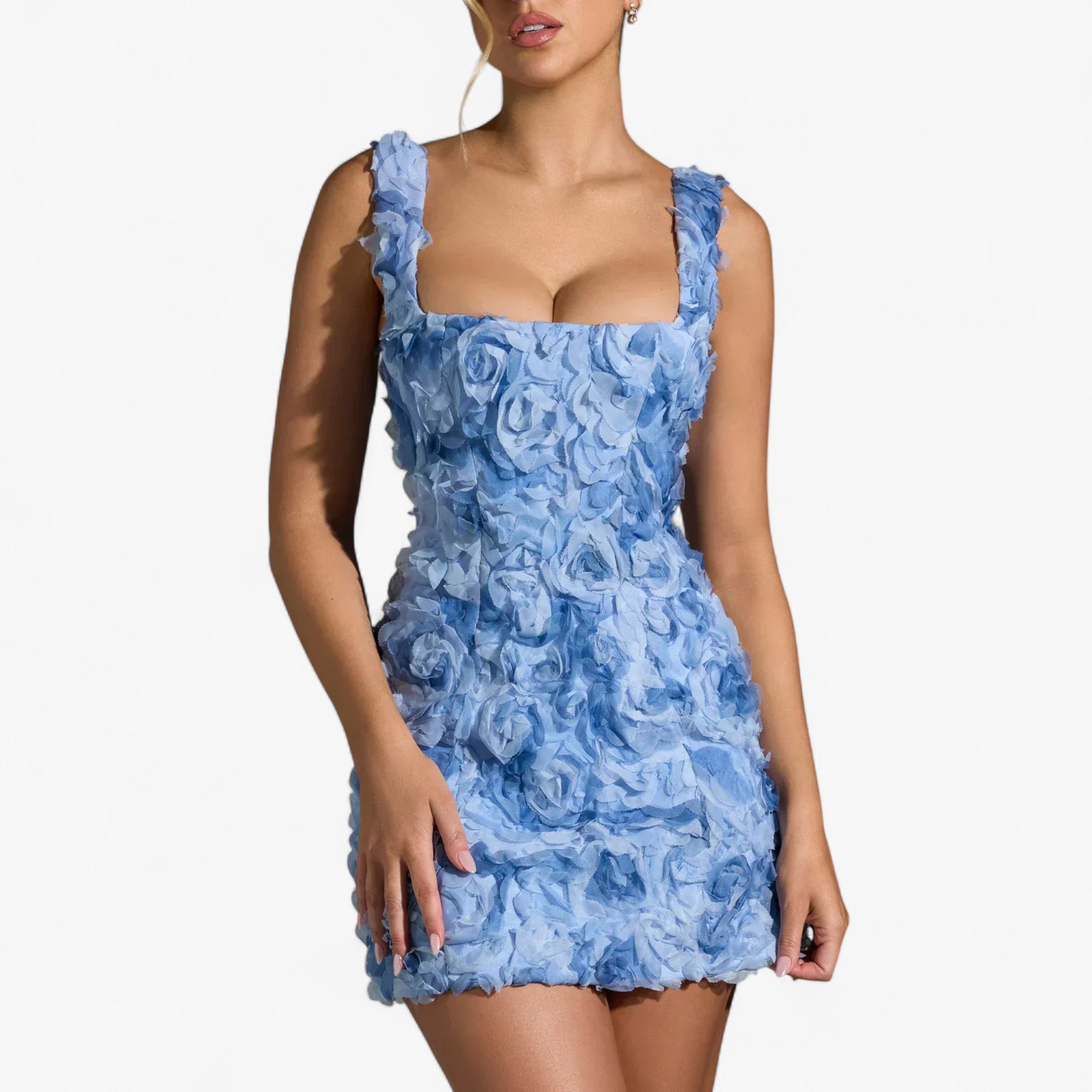 Elena – Short, tight-fitting dress with 3D pink appliqué and sculpted finish