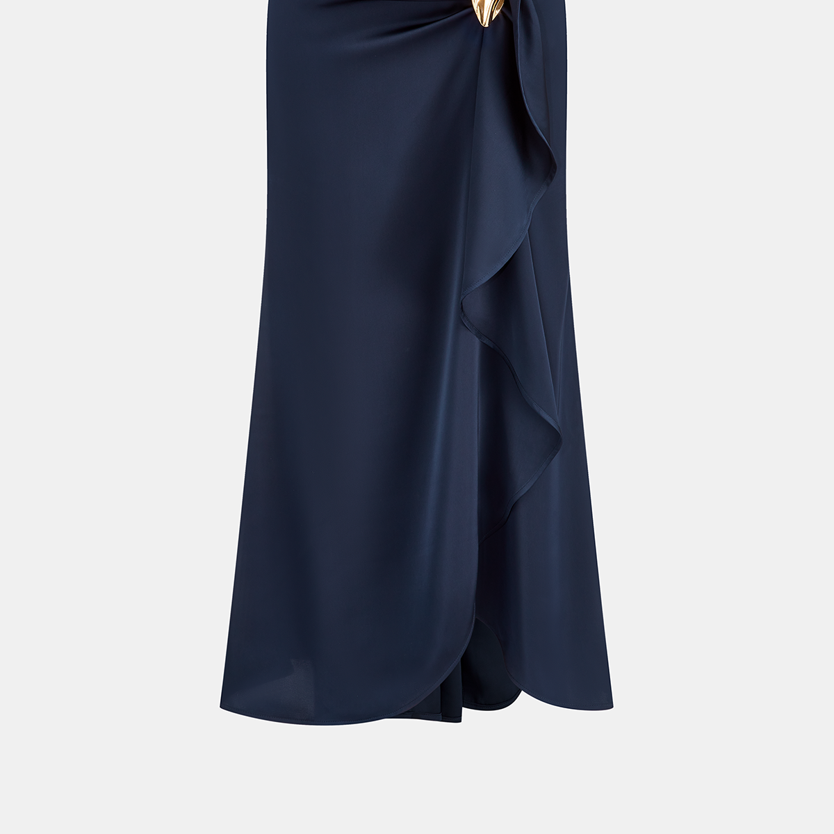 Asymmetric Ruffle Metal Detail Satin Maxi Skirt