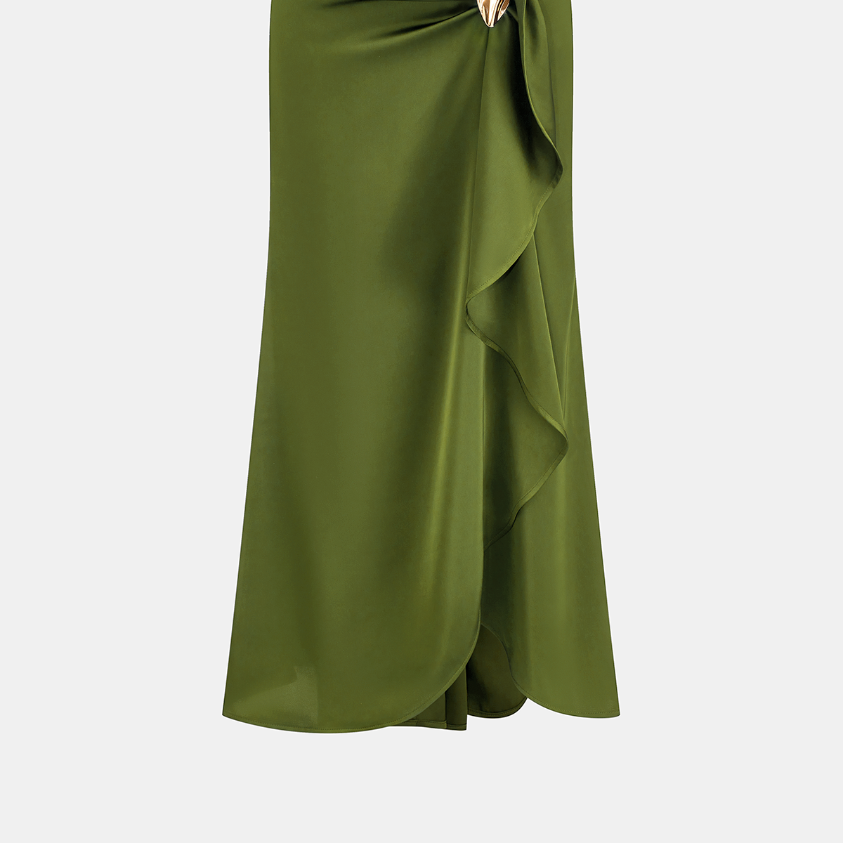 Asymmetric Ruffle Metal Detail Satin Maxi Skirt