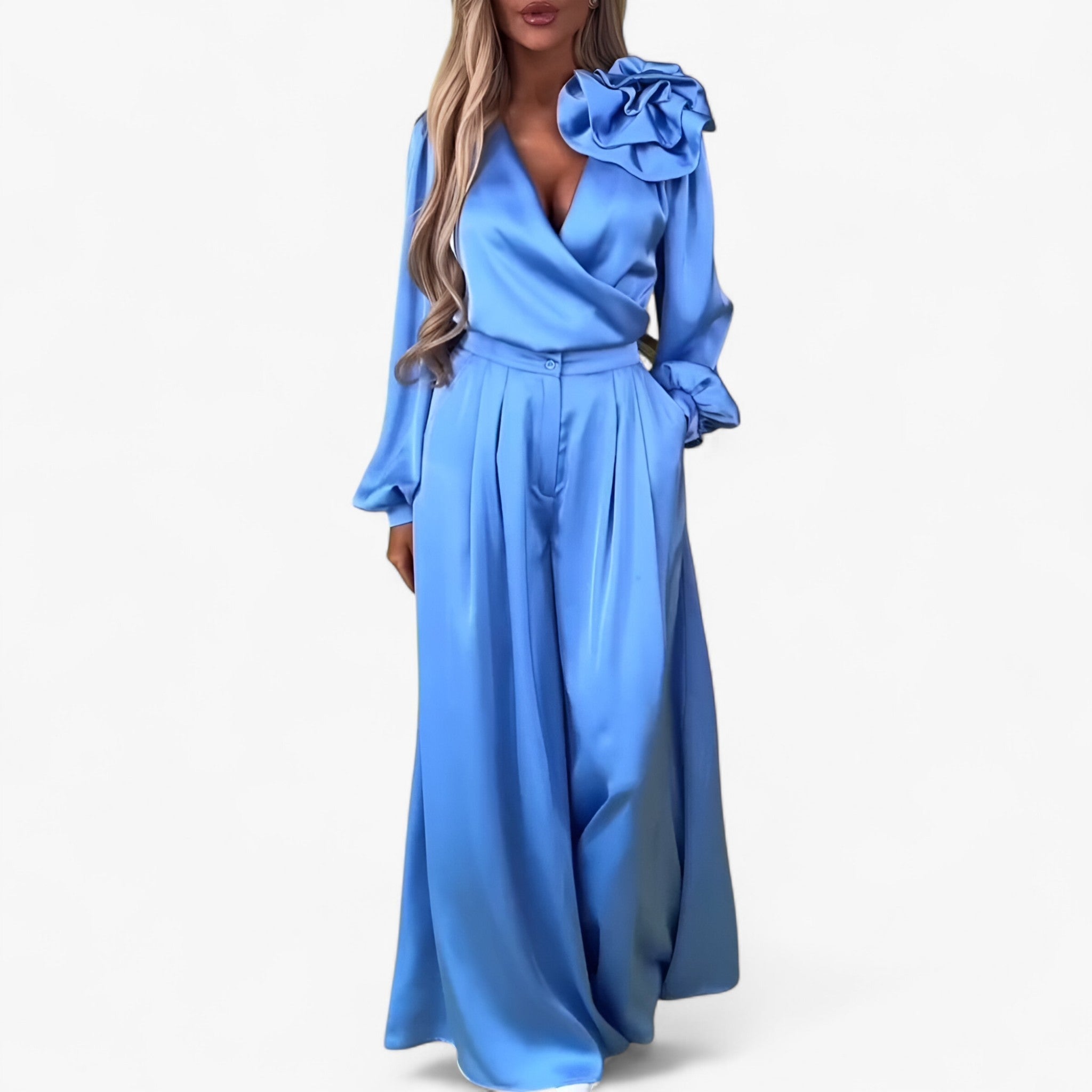 Leona | Women's Polyester Set with V-neck and Wide-Leg Pants