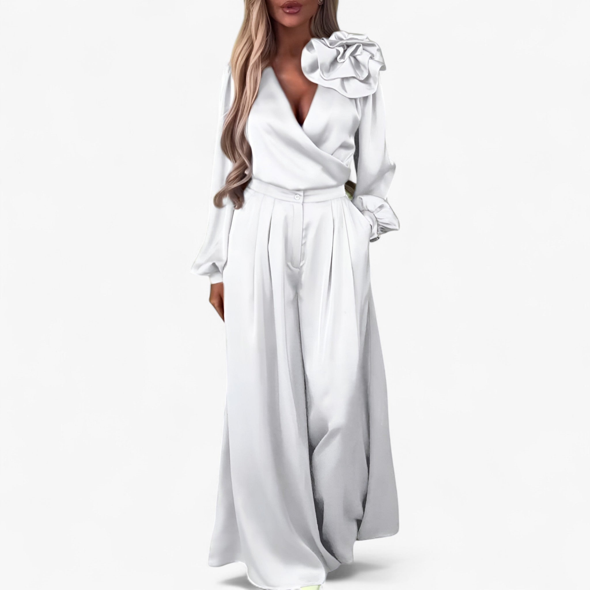 Leona | Women's Polyester Set with V-neck and Wide-Leg Pants