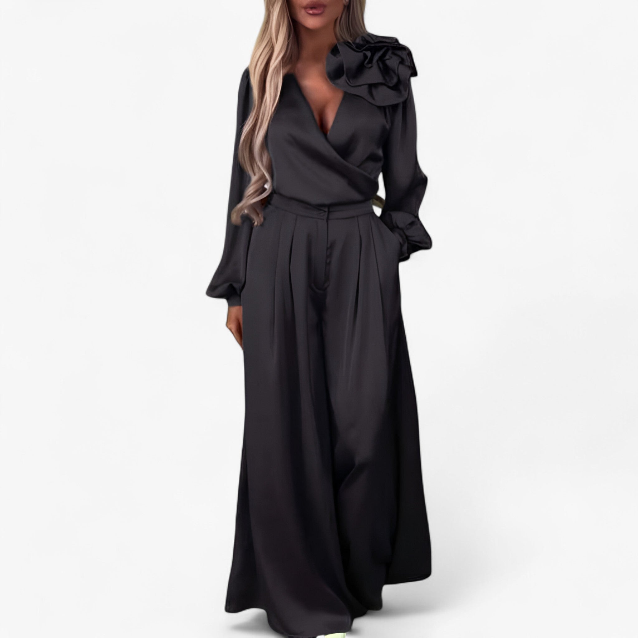 Leona | Women's Polyester Set with V-neck and Wide-Leg Pants