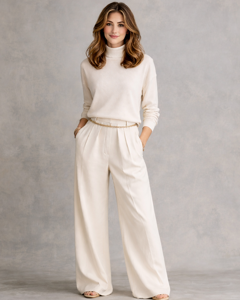 Luxuriously Soft Turtleneck Top & Flowing Wide-Leg Pants Set with Waist Chain