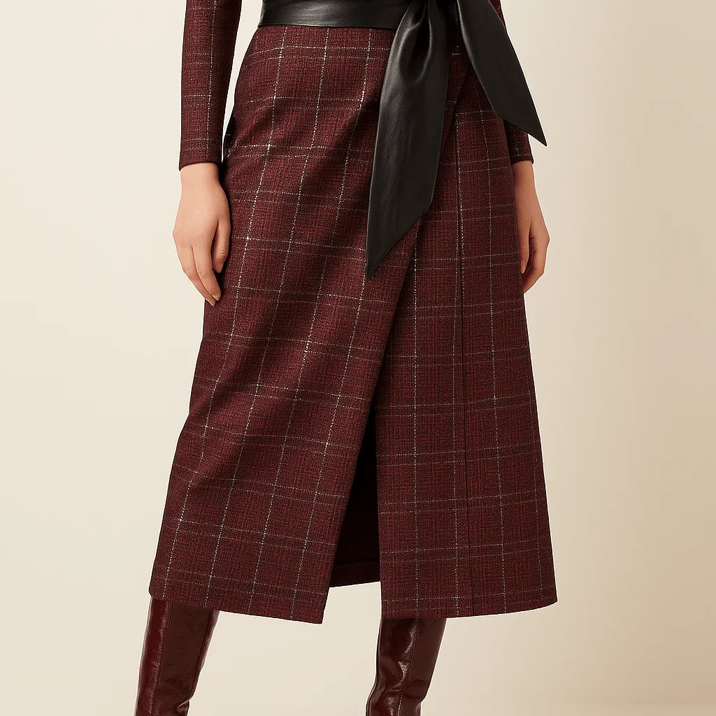 Asymmetric Dress with Sweetheart Neckline, Plaid Belt, Elegant