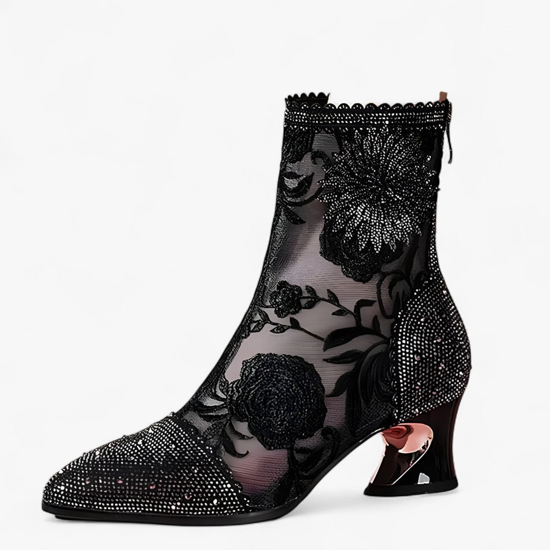 Carmen | Pointed boots with crystals and lace lattice
