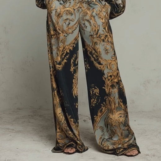 Baroque-Style Ornate Floral Print Top with Wide-Leg Trousers – Casual Suit Set