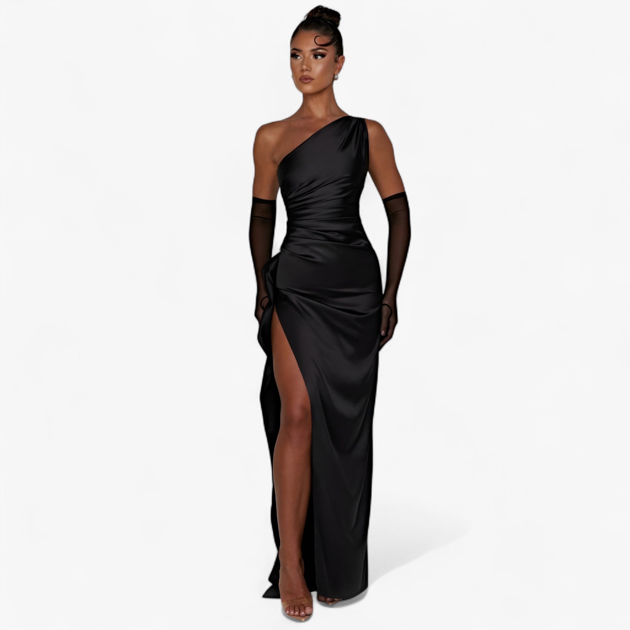 Isolde – Elegant Satin Evening Dress with Asymmetric Cut and Dramatic High Slit