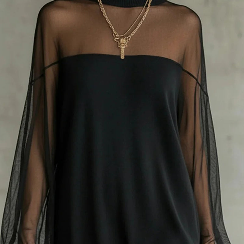 Chic Solid-Color Patchwork Dress with Lantern Sleeves