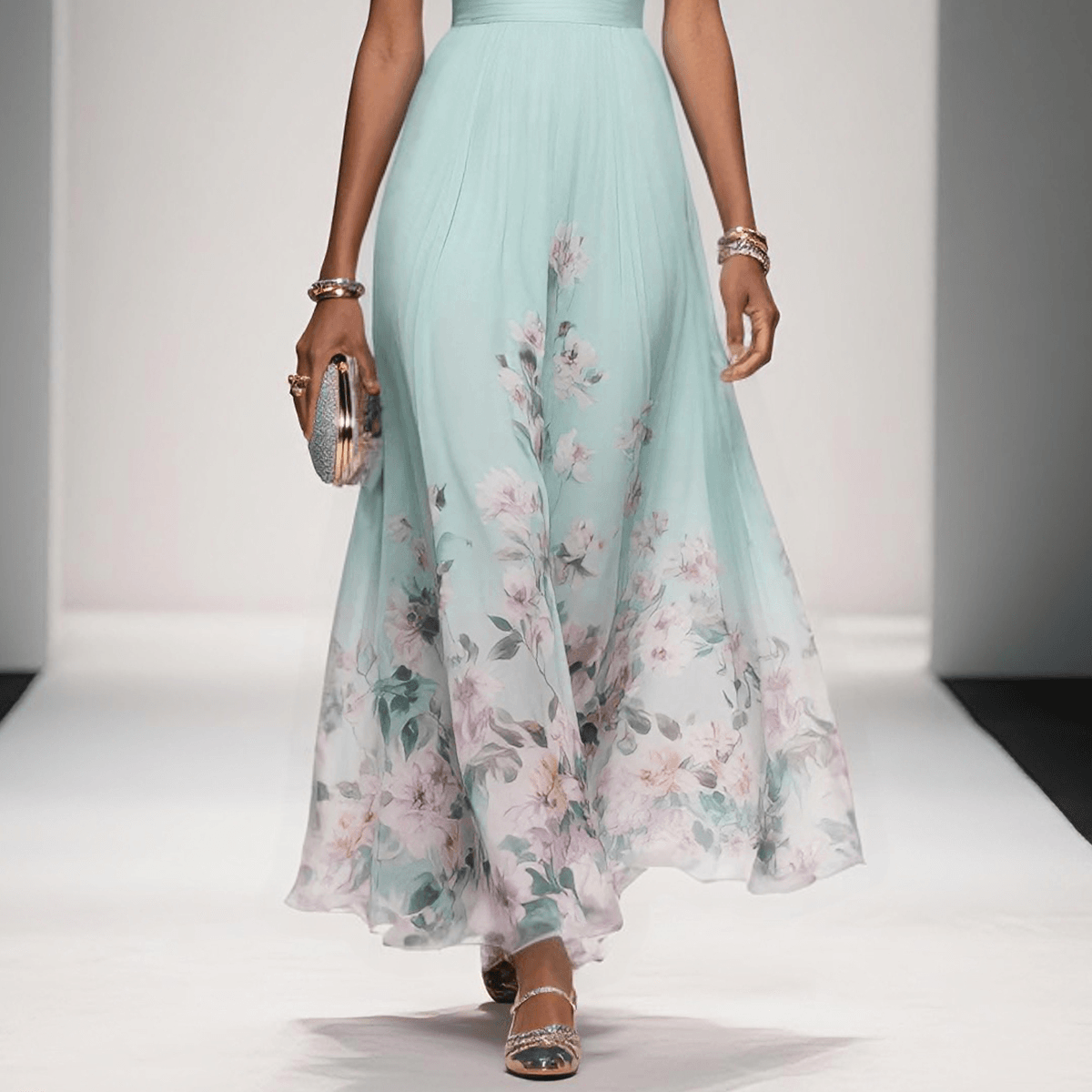 Elegant Light Blue Floral Chiffon V-Neck Sleeveless A-Line Long Dress