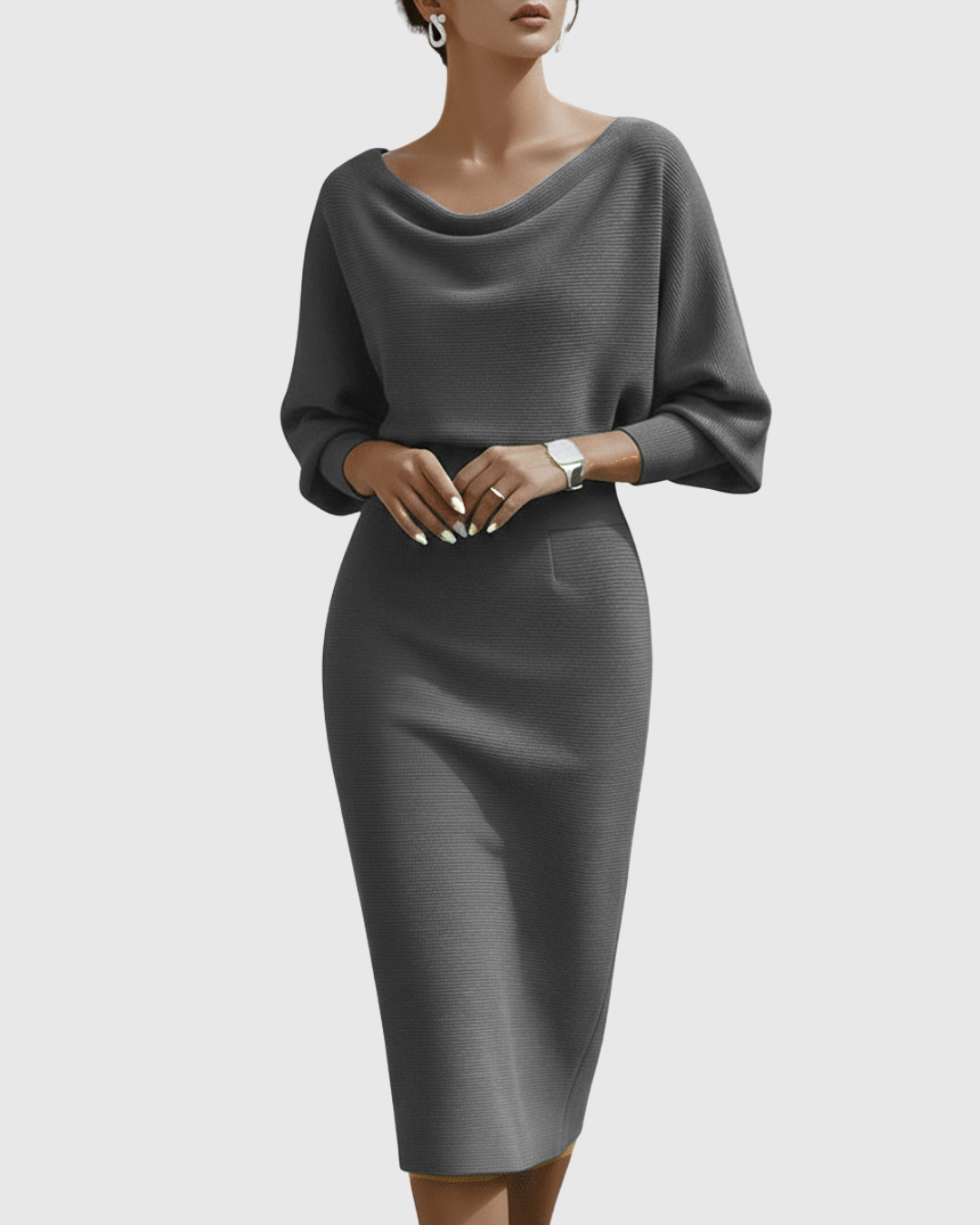 Ismeria White Draped Batwing Midi Dress – Elegant, Fluid Silhouette