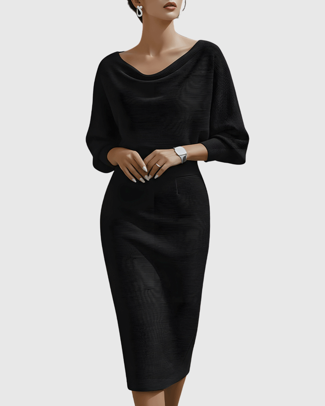 Ismeria White Draped Batwing Midi Dress – Elegant, Fluid Silhouette
