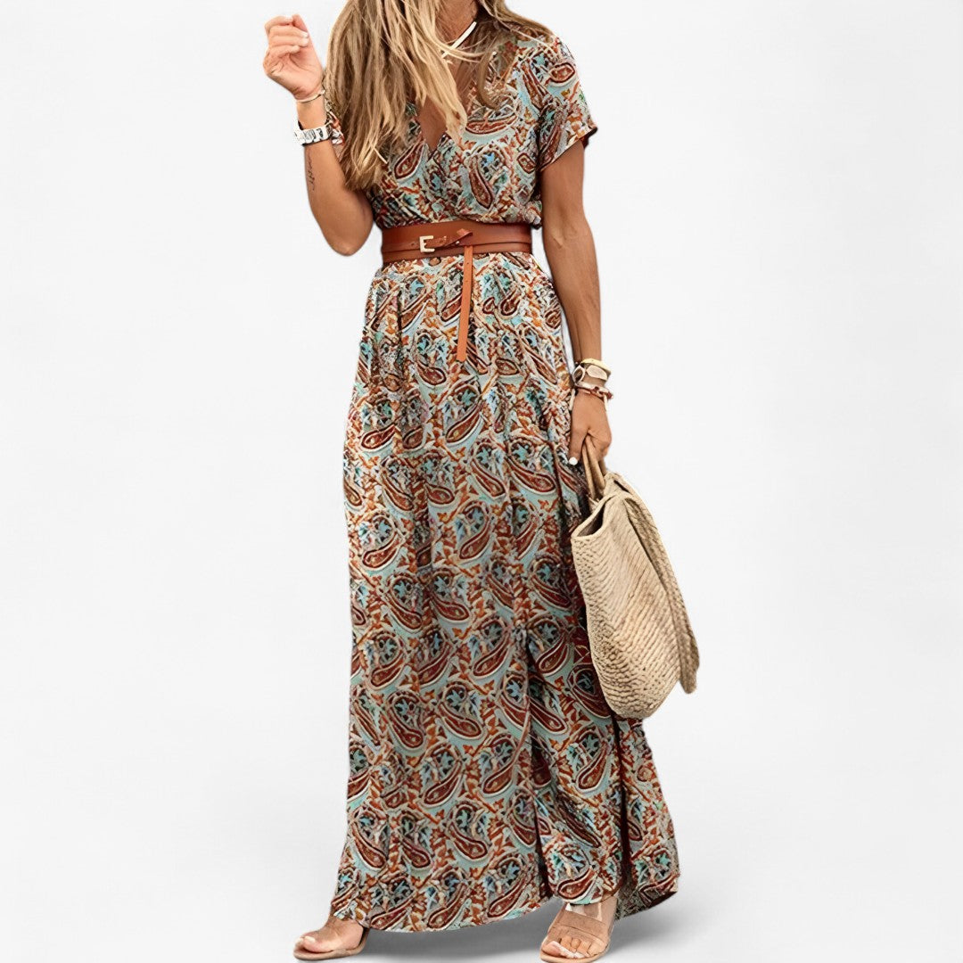 Stella | Long Boho Chic Dress with Paisley Print and Adjustable Straps