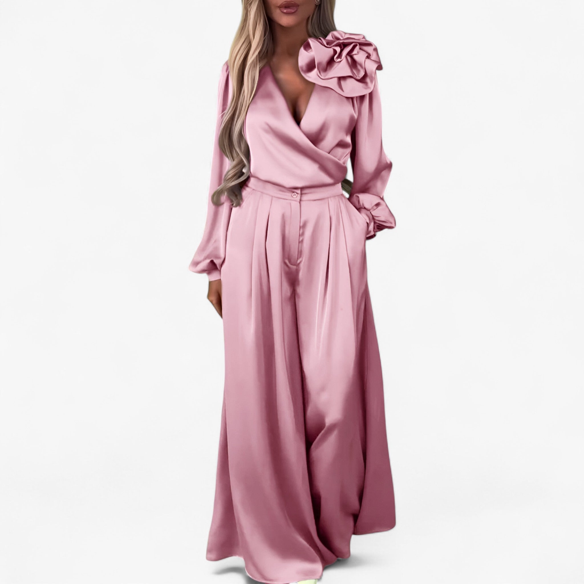 Leona | Women's Polyester Set with V-neck and Wide-Leg Pants