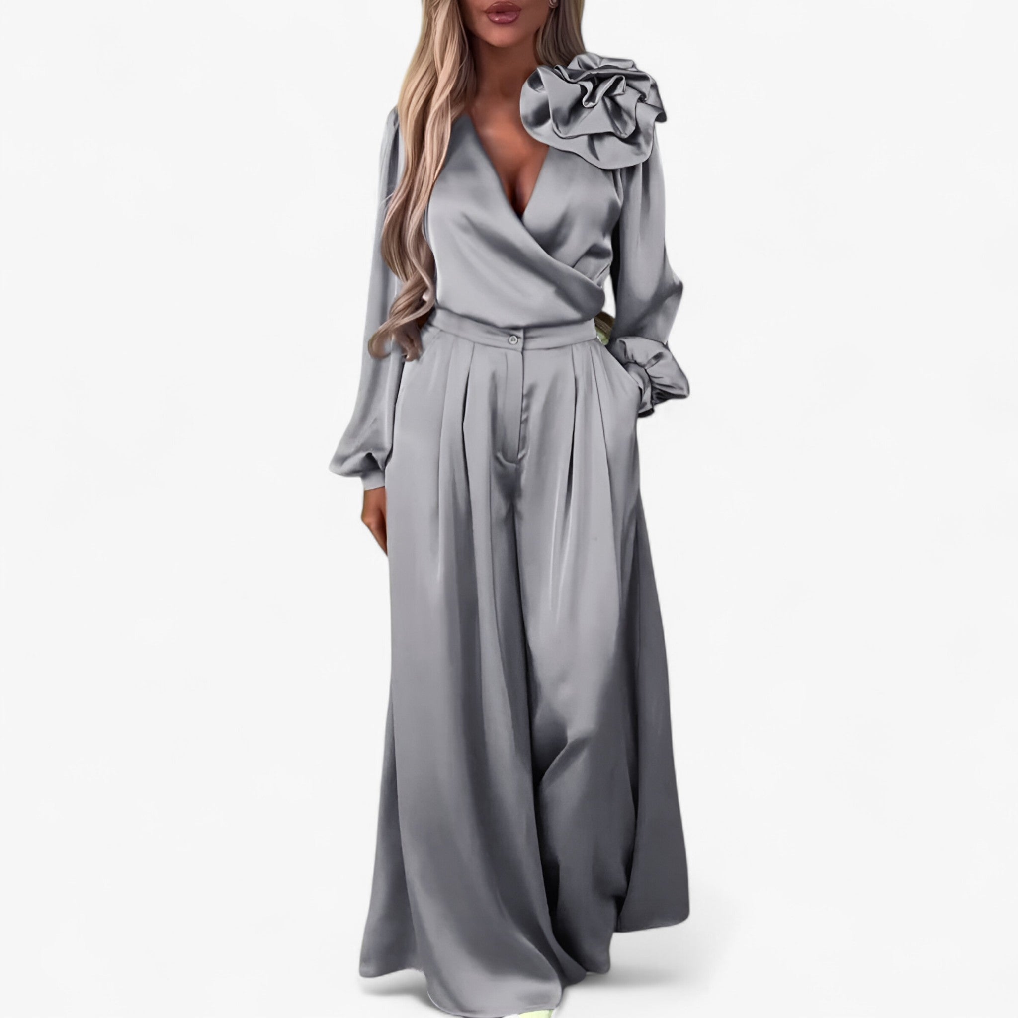 Leona | Women's Polyester Set with V-neck and Wide-Leg Pants