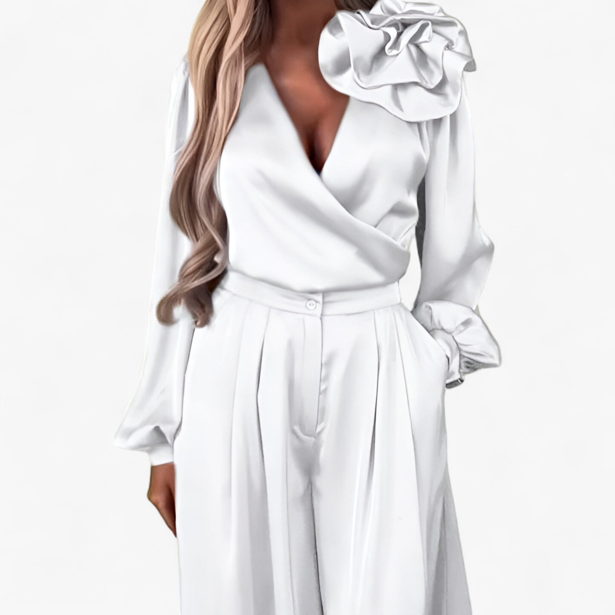 Leona | Women's Polyester Set with V-neck and Wide-Leg Pants