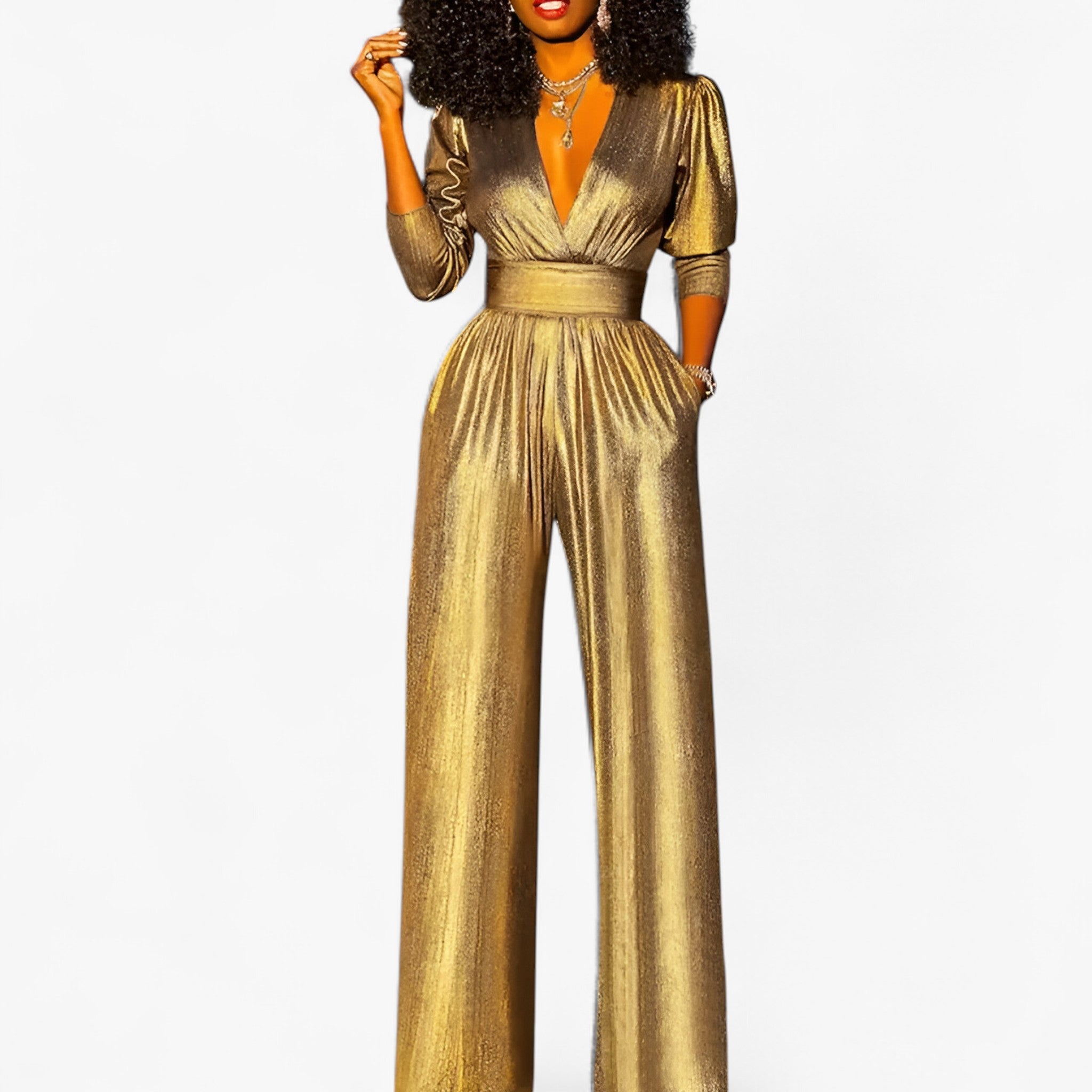 Zara Emerald Green Metallic Jumpsuit with Dramatic Wide-Leg Pants