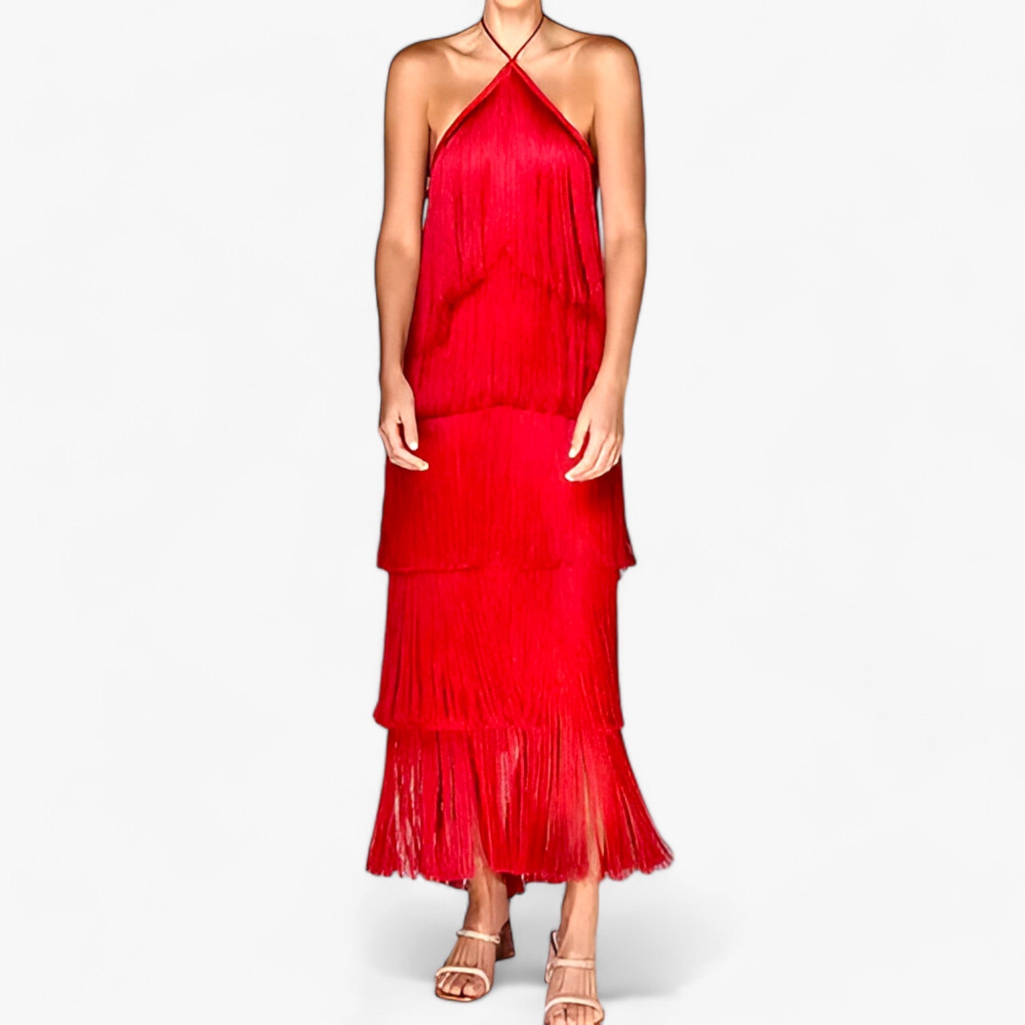 Serena | Sleeveless halter-neck dress with glamorous fringe details