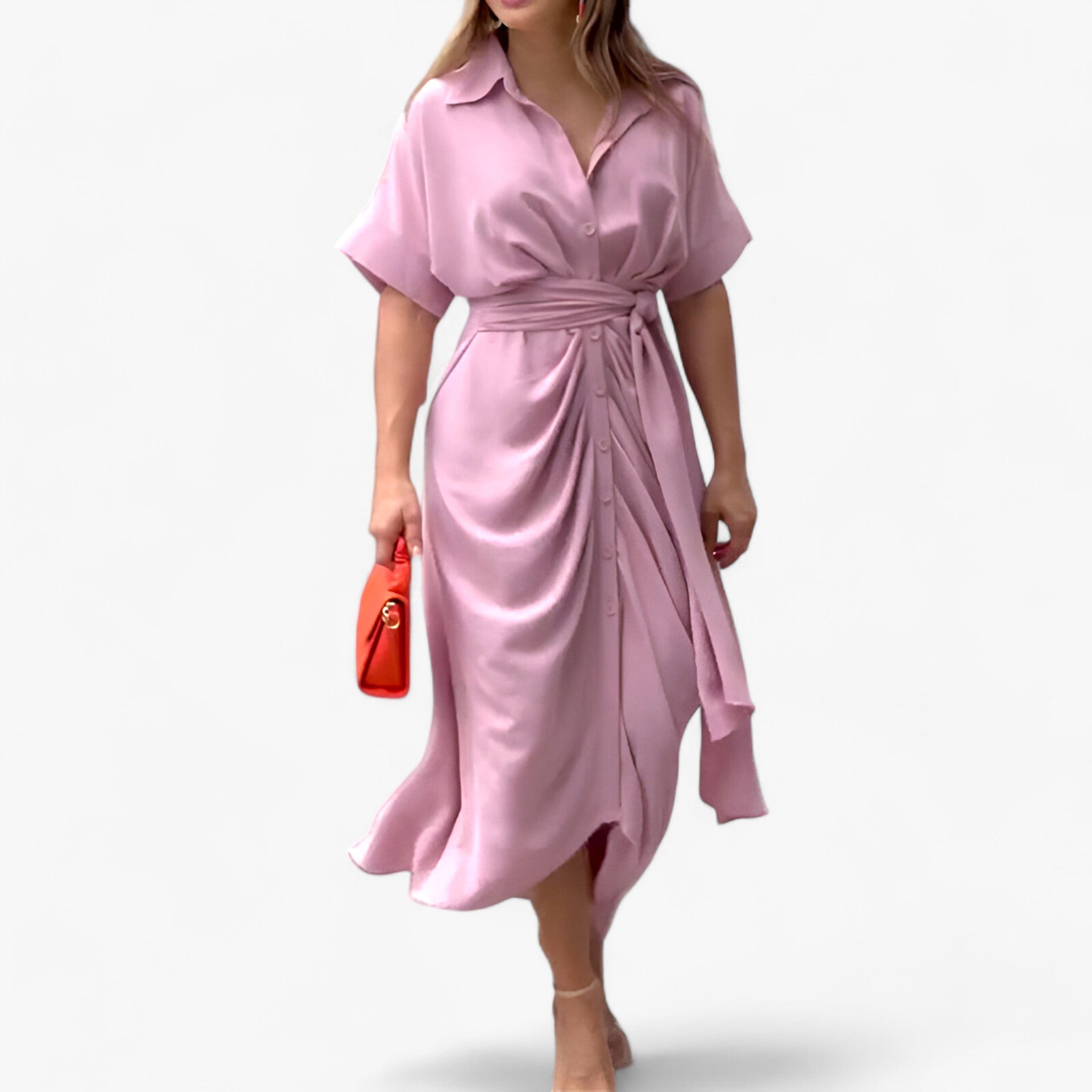 Valeria – Elegant midi dress in refined style with collar and tie belt