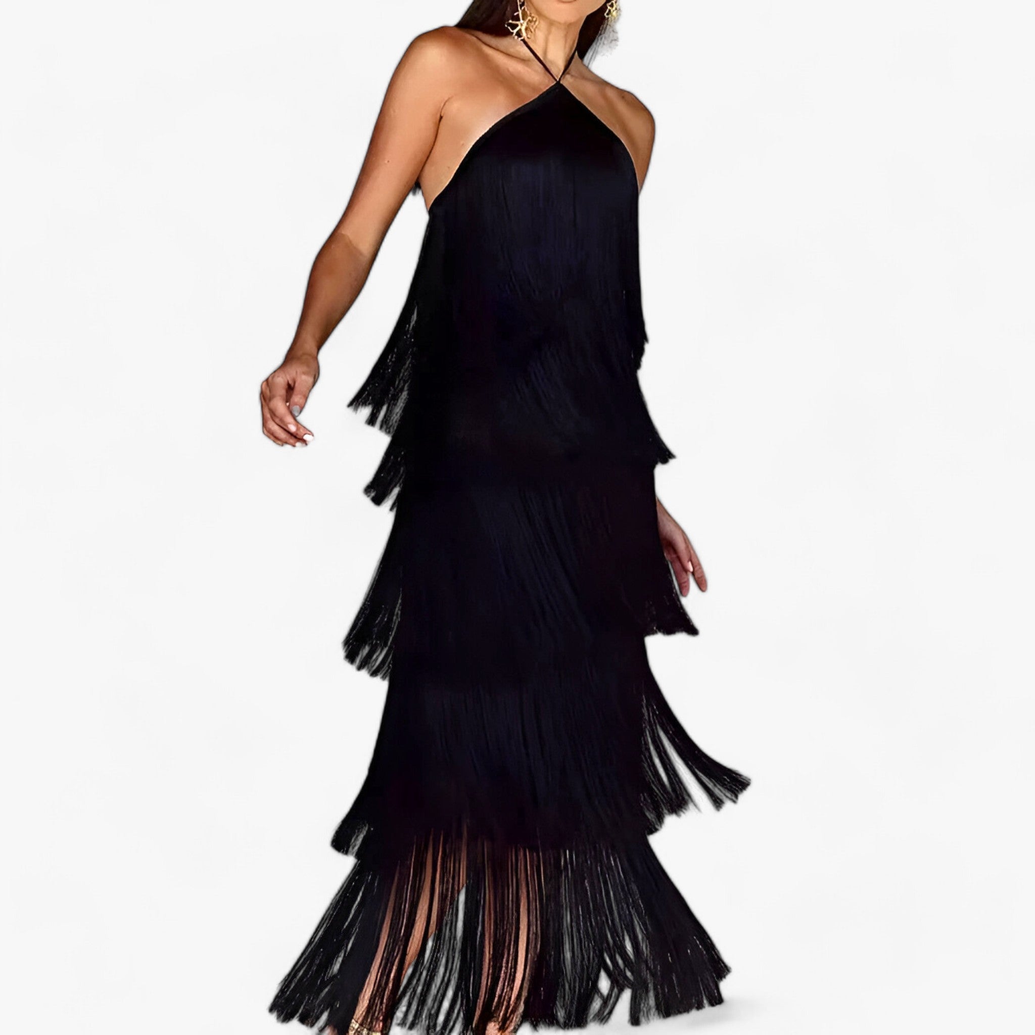 Serena | Sleeveless halter-neck dress with glamorous fringe details